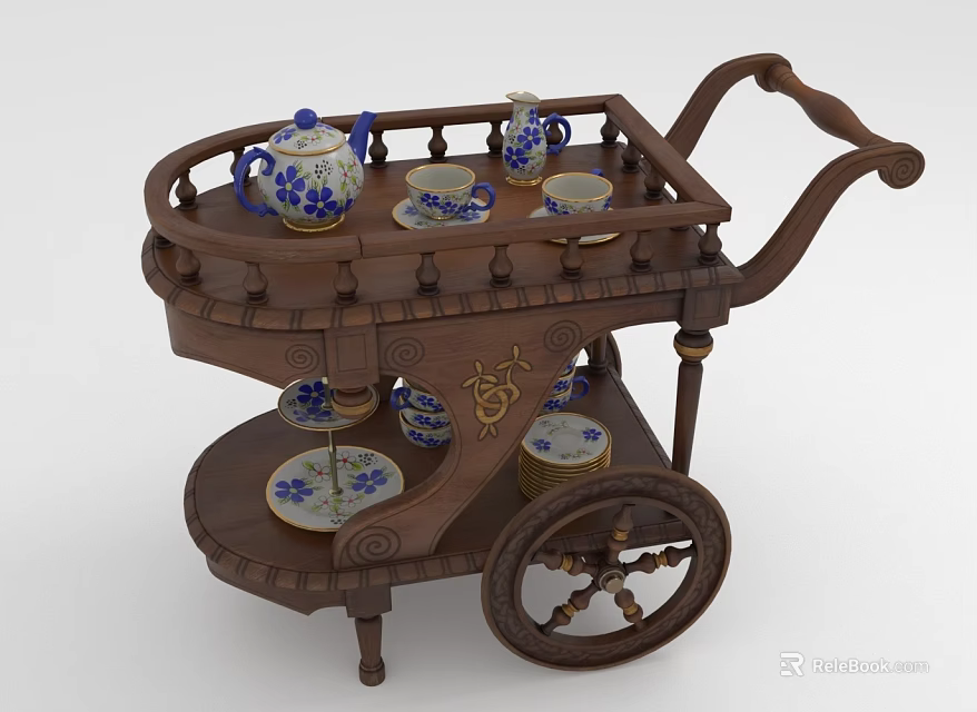 Wooden Two Tiered Tea Cart With Blue And White Porcelain And Decorative Handle 3d model 