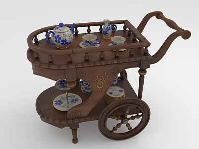 Wooden Two Tiered Tea Cart With Blue And White Porcelain And Decorative Handle 3d model