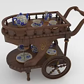 Wooden Two Tiered Tea Cart With Blue And White Porcelain And Decorative Handle