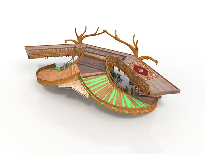 Layered Decorative Wooden Platform Design With Branch Like Decorations Green Striped And Red Mat 3d model