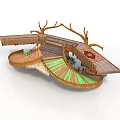 Layered Decorative Wooden Platform Design With Branch Like Decorations Green Striped And Red Mat