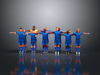 Game Movie Characters In Blue Uniforms Standing As Team With Arms Outstretched 3d model
