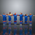 Game Movie Characters In Blue Uniforms Standing As Team With Arms Outstretched