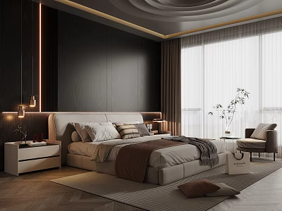 Modern Bedroom Interior With Large Bed Nightstand Rug And Armchair By Window 3d model