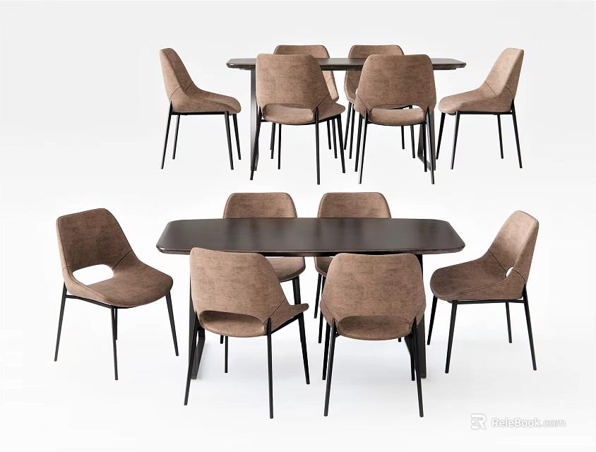 Modern Dining Table Set With Brown Upholstered Chairs Black Metal Frames And Dark Tabletop 3d model