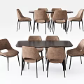 Modern Dining Table Set With Brown Upholstered Chairs Black Metal Frames And Dark Tabletop 3d model