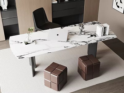 Modern Study Room Interior With Marble Desk Laptop Small Plant Brown Stools And Dark Cabinets 3d model