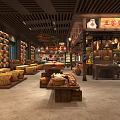Traditional Grain Store Interior With Wooden Shelves And Grain Bag Displays
