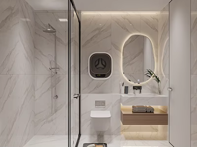 Modern Bathroom With Marble Walls Glass Shower And Smart Toilet 3d model