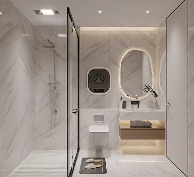 Modern Bathroom With Marble Walls Glass Shower And Smart Toilet 3d model
