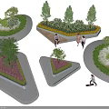 Roadside Facilities With Landscaped Islands Diverse Trees Pedestrians And Skateboarder Activity