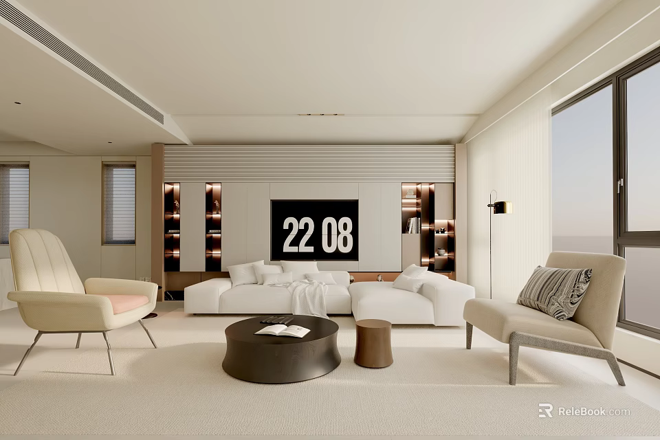 Modern Minimalist Living Room Interior With White Sofa Armchairs Digital Clock And Large Windows 3d model 