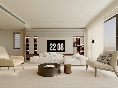 Modern Minimalist Living Room Interior With White Sofa Armchairs Digital Clock And Large Windows 3d model