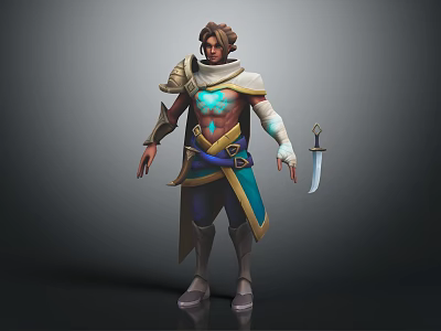 Human 3D Character Model with Brown Hair Ornate Blue Gold Outfit Cloak and Dagger 3d model