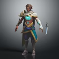 Human 3D Character Model with Brown Hair Ornate Blue Gold Outfit Cloak and Dagger