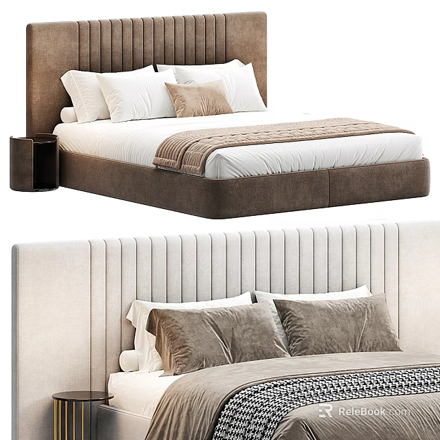 Modern Double Bed with Upholstered Headboard Neutral Tones Soft Pillows and Bedding 3d model 