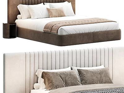 Modern Double Bed with Upholstered Headboard Neutral Tones Soft Pillows and Bedding 3d model