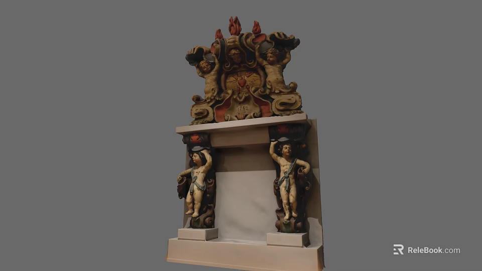 Intricately Carved Fireplace Featuring Cherub Statues Ornate Patterns and Elaborate Pedestal Base Design 3d model 