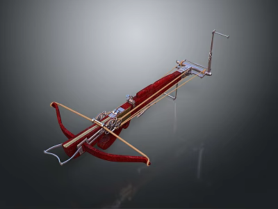 Detailed Red Crossbow Weapon With Mechanical Metal Components And Wooden Bowstring Design 3d model