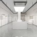 Minimalist Clothing Store Interior Featuring White Walls Gray Tiles Clothing Racks Mirrors and White Sofa
