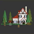 Modern Scene Featuring Red Roofed White House Small Red Cottage Pine Trees Grass And Path