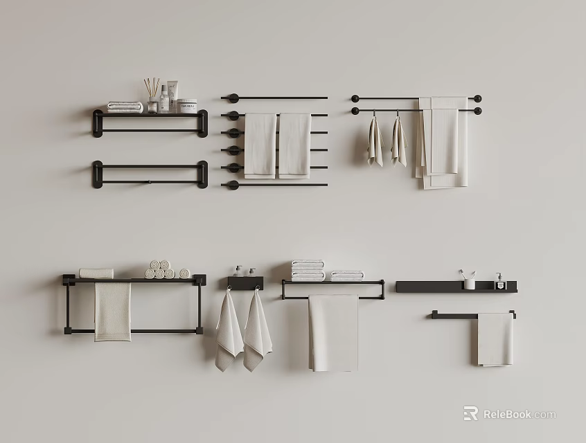 Bathroom Accessories Collection With Black Metal Towel Racks And White Towels 3d model 