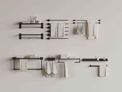 Bathroom Accessories Collection With Black Metal Towel Racks And White Towels 3d model