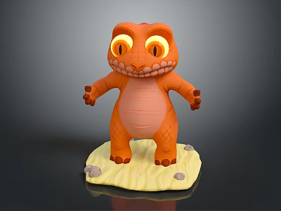 Orange Cartoon Dinosaur Character with Big Yellow Eyes Standing on Yellow Base and Small Stones 3d model