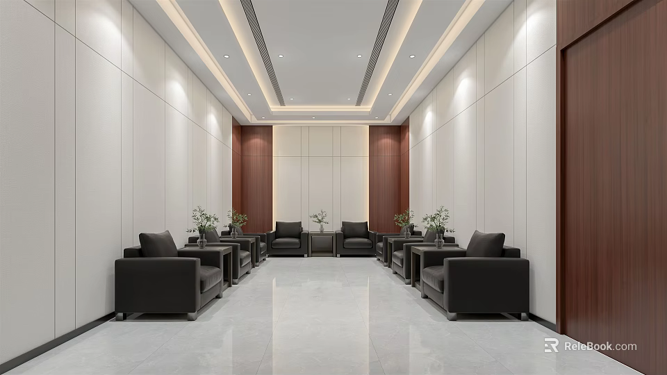 Hotel Public Lounge Area Featuring White Walls Brown Wooden Panels Black Sofas And Green Plants 3d model 