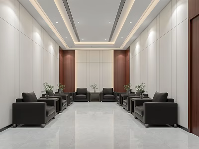 Hotel Public Lounge Area Featuring White Walls Brown Wooden Panels Black Sofas And Green Plants 3d model