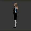 Woman Wearing Black Dress Blue Long Gloves White Socks And Black Shoes On Gray Background