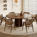 Modern Round Wooden Dining Table Set With Six Rattan Backrest Chairs And Wall Decor