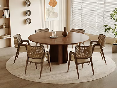 Modern Round Wooden Dining Table Set With Six Rattan Backrest Chairs And Wall Decor 3d model