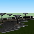 Modern Artistic Landscape Sculpture With Lattice Metal Design In Outdoor Park With Trees And Seating