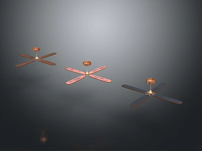 Three Stylish Ceiling Fans With Copper Red And Dark Blades On Dark Background 3d model