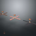 Three Stylish Ceiling Fans With Copper Red And Dark Blades On Dark Background