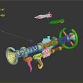 Golden Cosmic Launcher With Red Stripes And Small Missile Like Objects For Space Missions