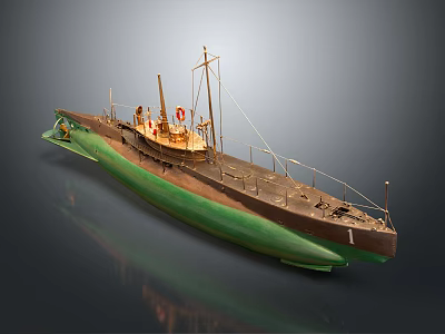 Detailed Model Ship With Green Brown Hull Mast And Lifebuoy On Deck 3d model
