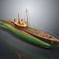 Detailed Model Ship With Green Brown Hull Mast And Lifebuoy On Deck