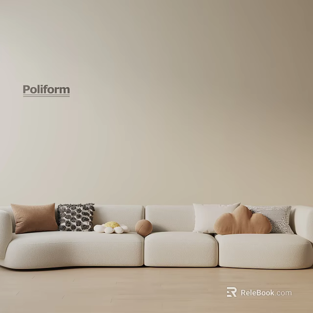 Poliform Beige Three Seater Sofa With Decorative Pillows Wooden Cloud And Spherical Ornaments 3d model 