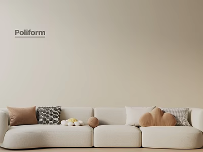 Poliform Beige Three Seater Sofa With Decorative Pillows Wooden Cloud And Spherical Ornaments 3d model