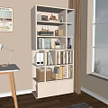 Organized Desk With White Bookshelf Globe Books Photo Frames Wicker Storage Box And Lamp