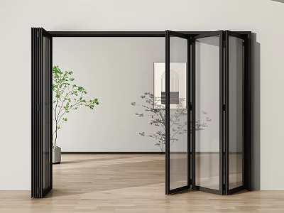 Modern Black Frame Glass Folding Doors Open In Indoor Space With Wooden Floor And Plants 3d model