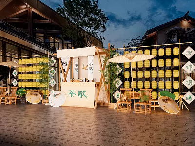 Traditional Commercial Outdoor Seating With Tea Song Sign Yellow Jars And Bamboo Furniture 3d model