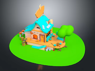 Fairy Tale Style Cottage Model With Blue Roof Orange Walls Green Tree And Small Furniture 3d model