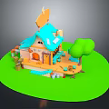 Fairy Tale Style Cottage Model With Blue Roof Orange Walls Green Tree And Small Furniture