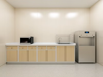 Hospital Outpatient Clinic Interior With Light Wood Cabinets Black Microwave Sink And Silver Water Dispenser 3d model