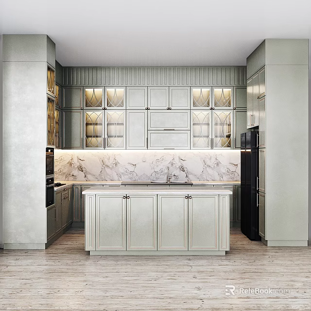 Modern Light Gray Kitchen Interior With Marble Countertop And Glass Front Cabinets 3d model 