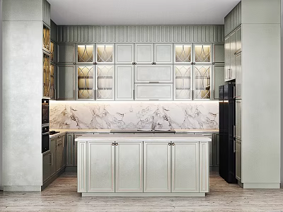 Modern Light Gray Kitchen Interior With Marble Countertop And Glass Front Cabinets 3d model