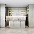 Modern Light Gray Kitchen Interior With Marble Countertop And Glass Front Cabinets